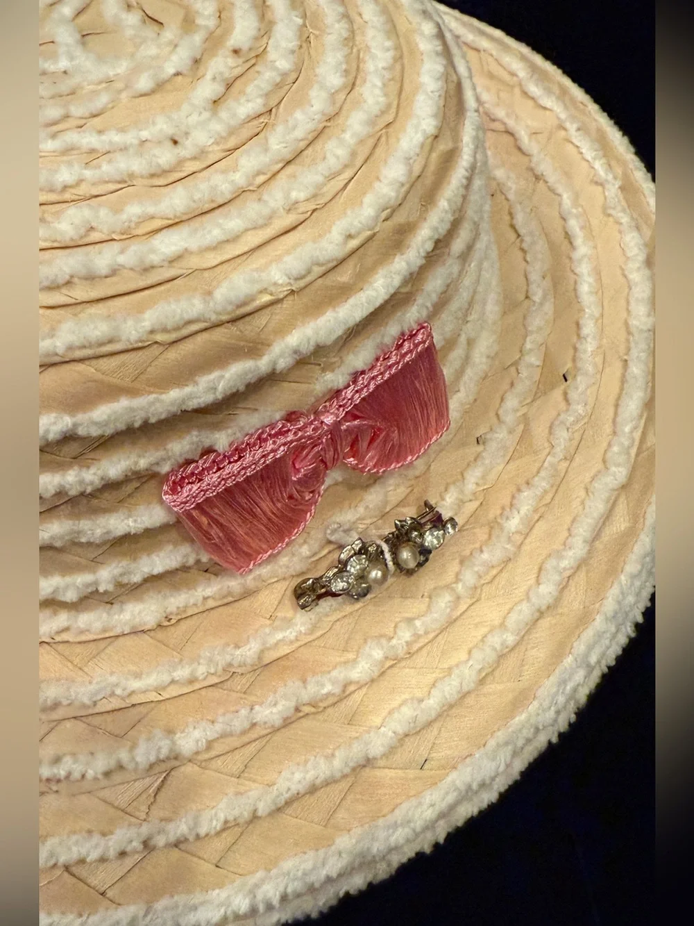 Vintage Straw Women's Hat with Pink Bows and Pin Made in Italy
